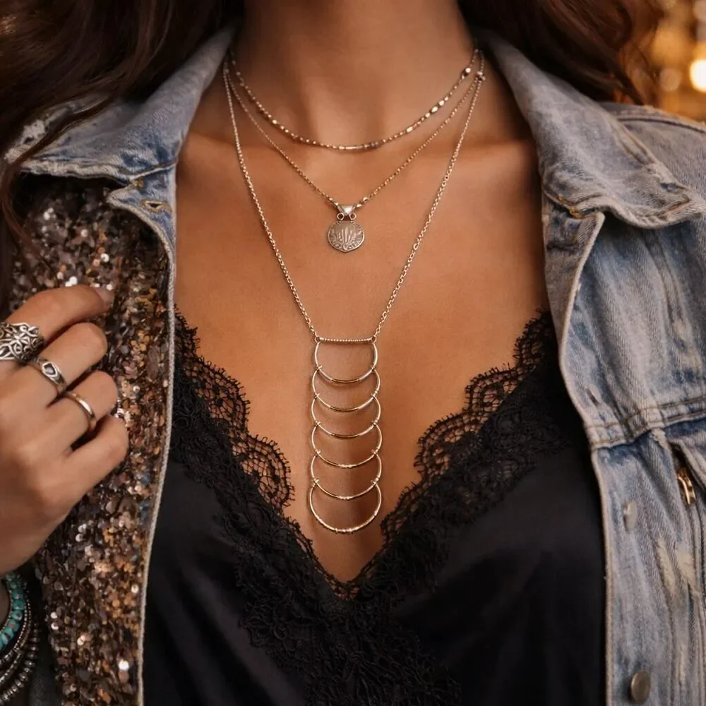 Boho Gold Tone Multi Ring Pendant Necklace 26” Long Statement Jewelry